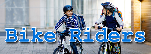 Bike Riders - children riding bicycles with helmets and backpacks on